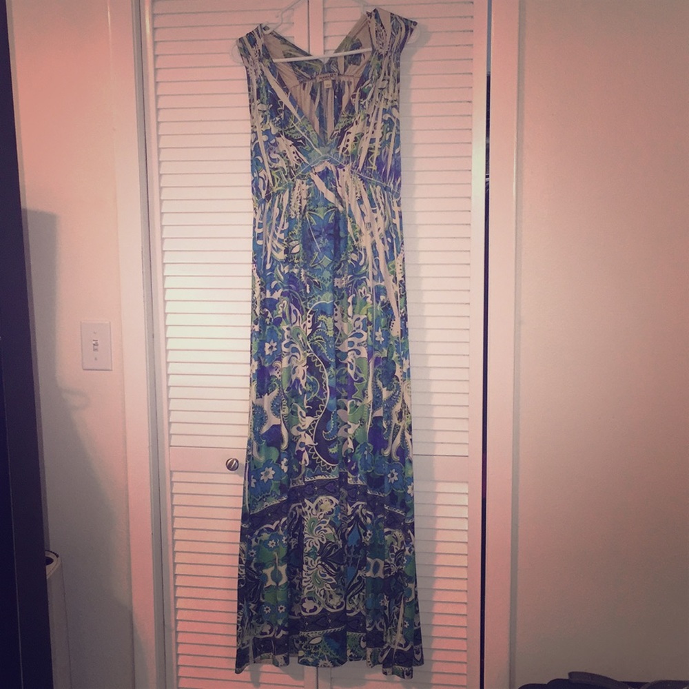 One World Blue Green Cream Long Maxi Dress XL